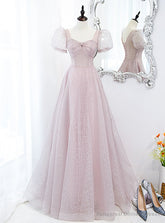 Pink Tulle Sequins Square Puff Sleeve Prom Dress